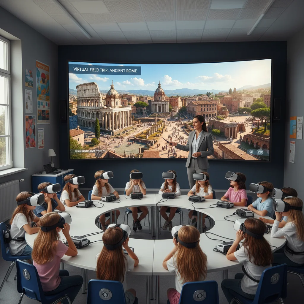 Educator guiding students on a virtual field trip to an ancient Roman city using VR headsets.