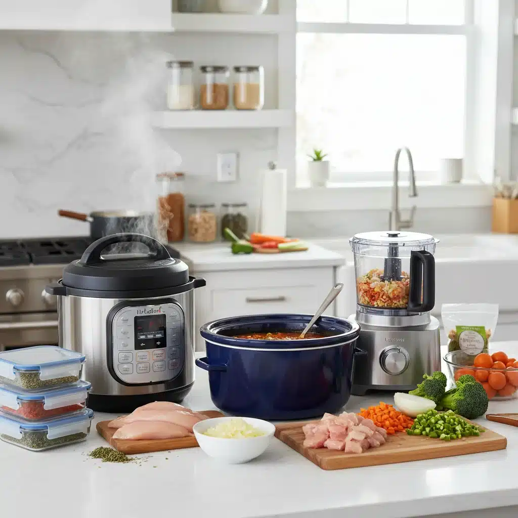 Kitchen with multiple cooking appliances for efficient batch meal preparation.
