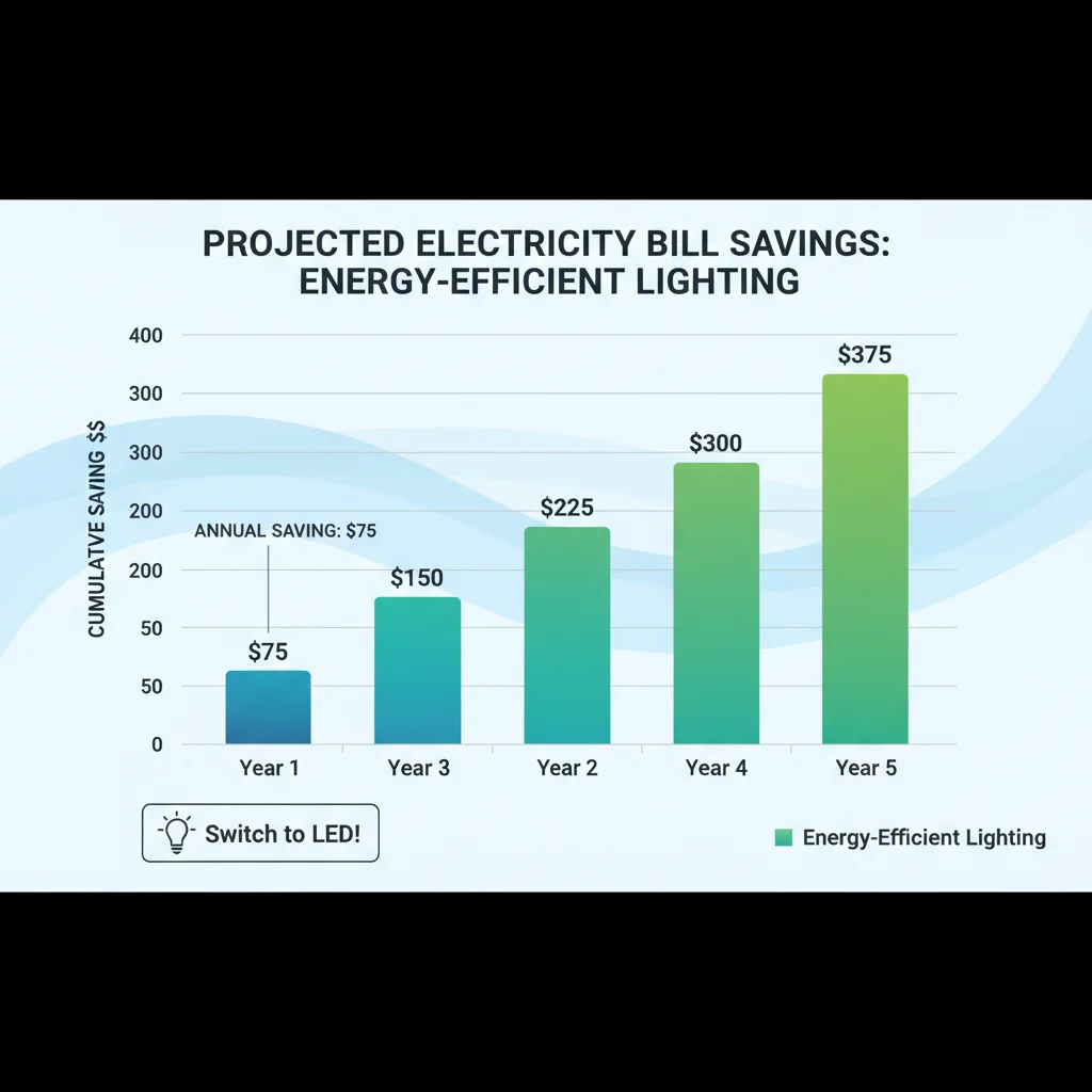 Infographic showing projected annual electricity bill savings of  from energy-efficient lighting over multiple years, with cumulative financial benefits.