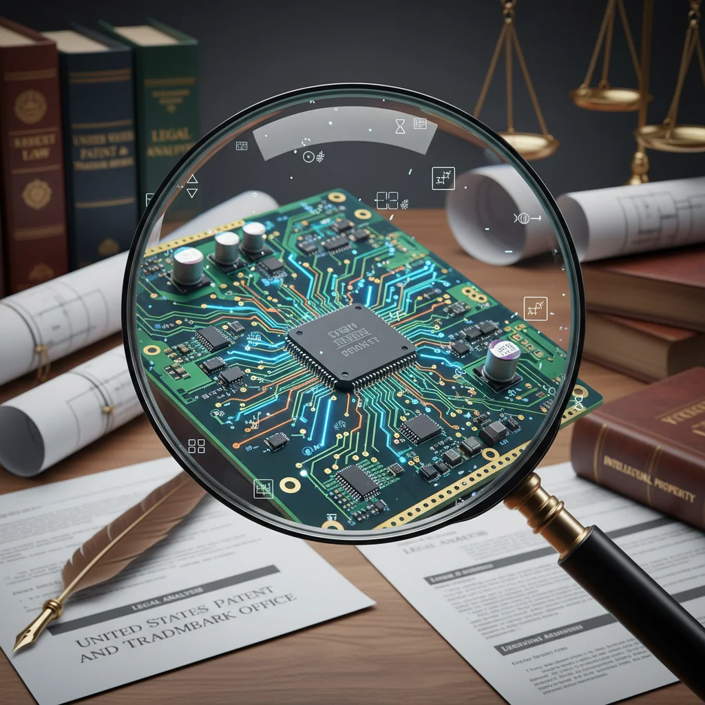 Magnifying glass examining circuit board, symbolizing patentability of emerging technologies