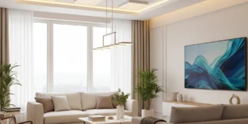 Modern living room with energy-efficient LED lighting illuminating a comfortable sofa and coffee table, symbolizing cost savings and sustainable living.