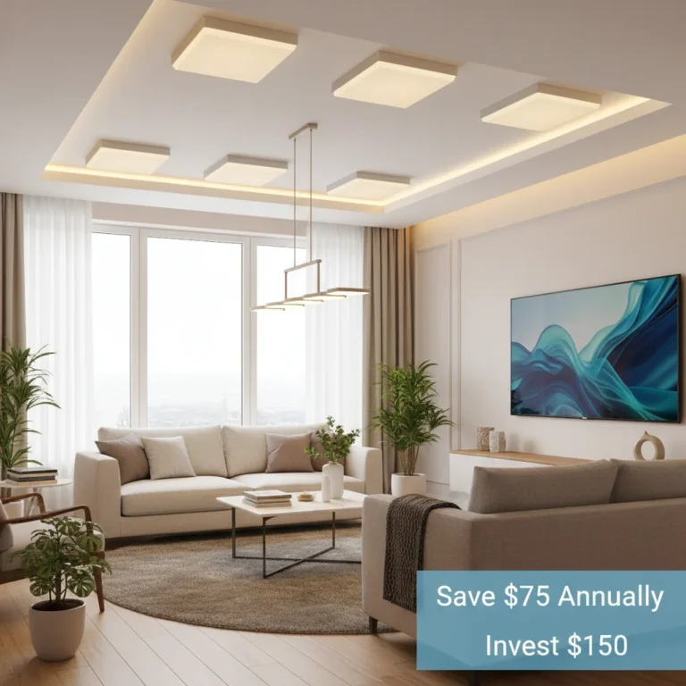 Modern living room with energy-efficient LED lighting illuminating a comfortable sofa and coffee table, symbolizing cost savings and sustainable living.