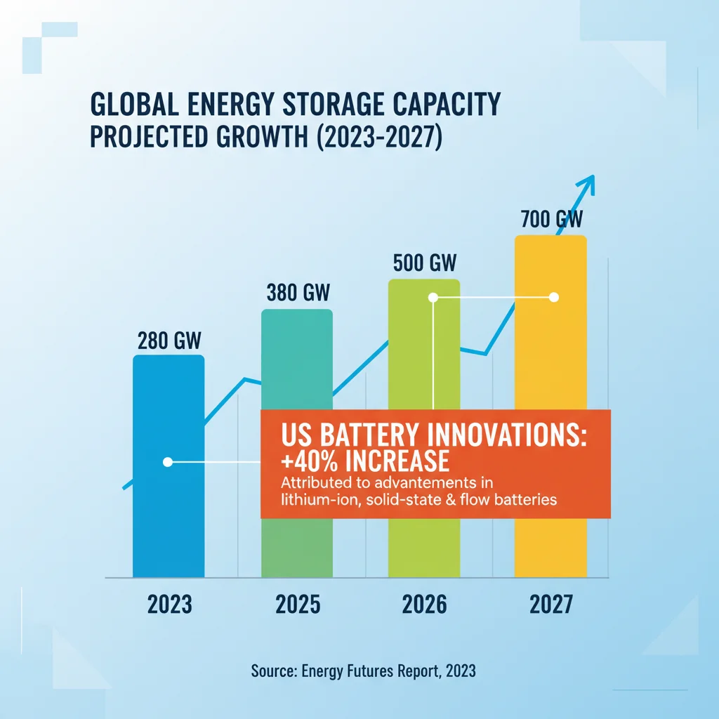 Infographic showing projected 40% energy storage increase due to US battery innovations by 2027.