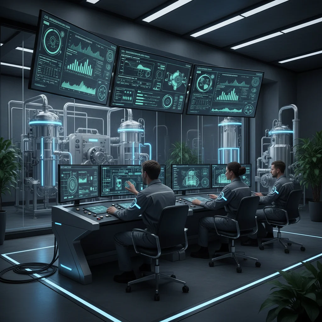 Engineers monitoring advanced carbon capture technology in a modern control room.