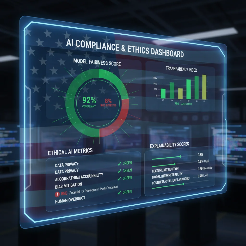 Ethical AI compliance dashboard with metrics for fairness and transparency, US context.