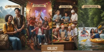 People enjoying diverse experiences like travel, concerts, and classes, symbolizing the experience economy.