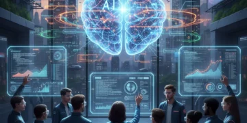 Transparent AI model with data flowing, US developers interacting with holographic interfaces, symbolizing explainable AI.