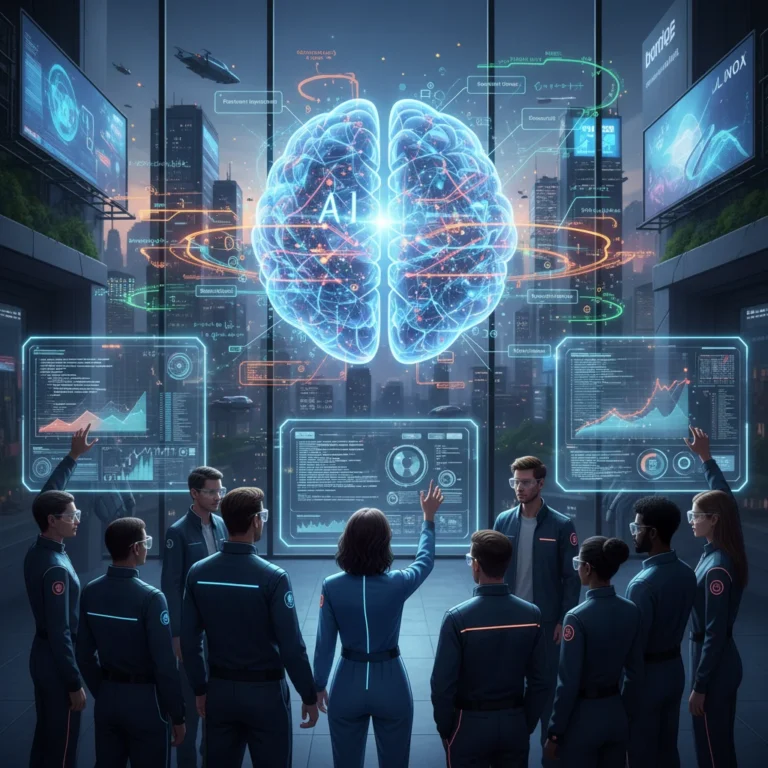 Transparent AI model with data flowing, US developers interacting with holographic interfaces, symbolizing explainable AI.