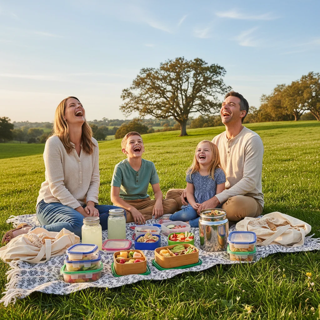 Family enjoying a picnic with reusable containers, demonstrating no food waste