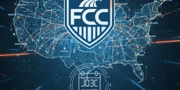 FCC logo over US map with broadband data lines, representing new regulations coming in 2026 for internet service providers.