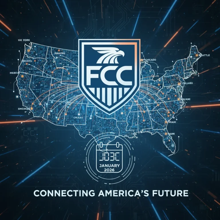 FCC logo over US map with broadband data lines, representing new regulations coming in 2026 for internet service providers.