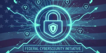 Digital illustration of secure network, lock, and subtle US flag, symbolizing federal cybersecurity changes for contractors.