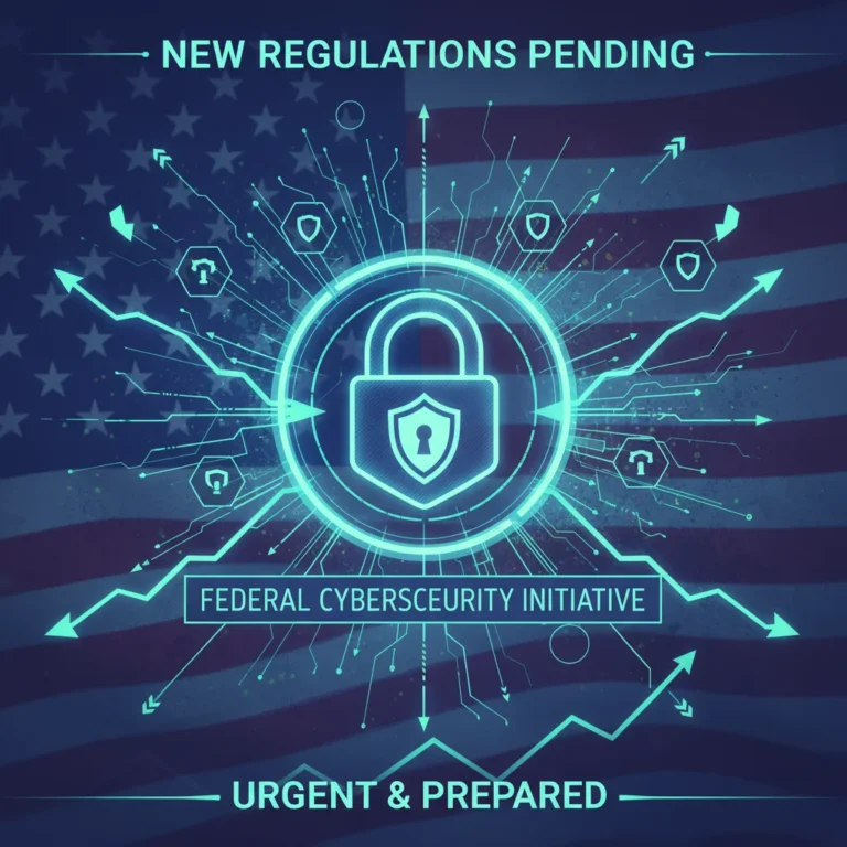 Digital illustration of secure network, lock, and subtle US flag, symbolizing federal cybersecurity changes for contractors.