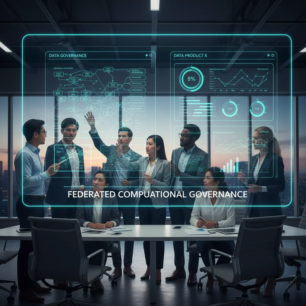 Diverse data team collaborating on data governance dashboards, representing federated computational governance and data product metrics.
