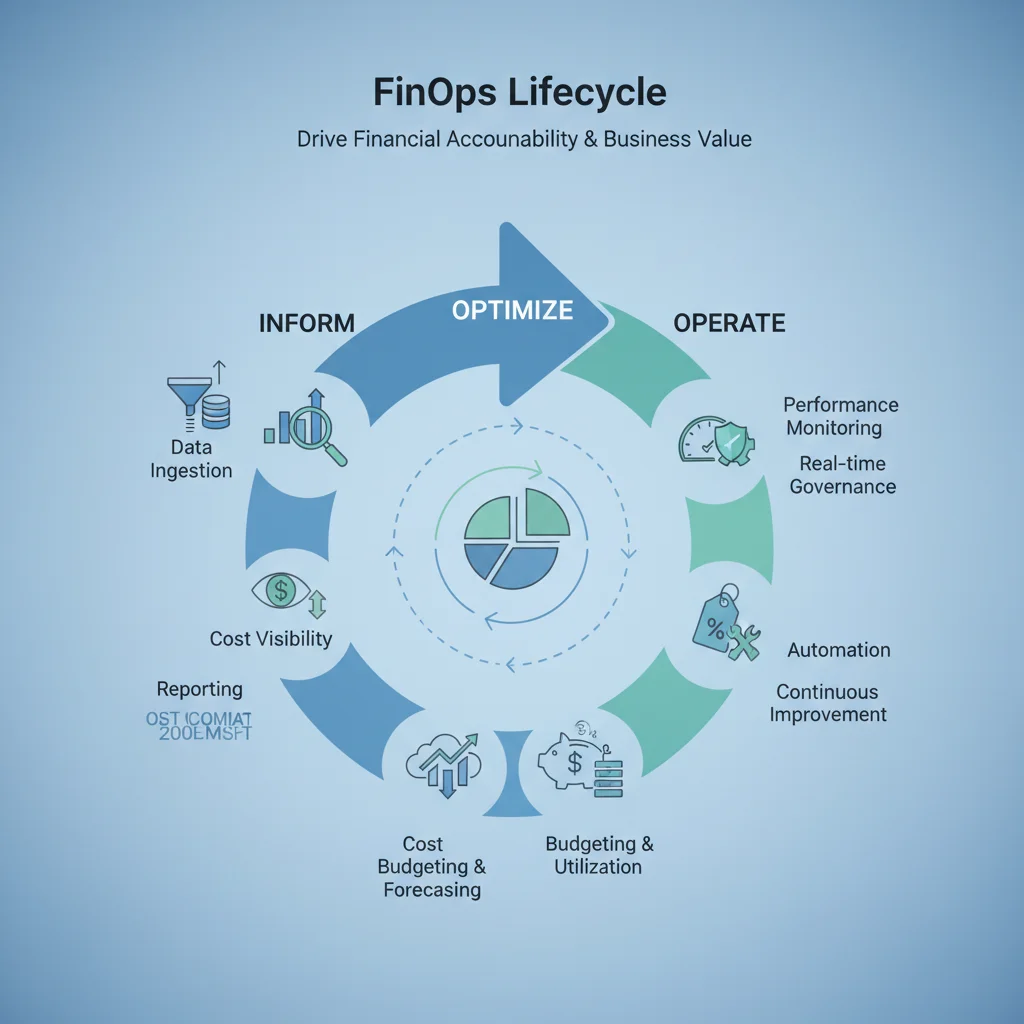FinOps lifecycle infographic showing continuous improvement and optimization stages