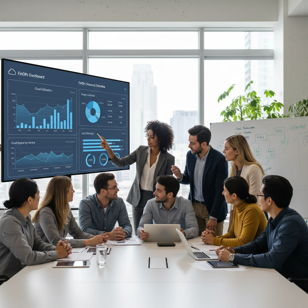 Cross-functional team collaborating on cloud financial reports and FinOps strategy