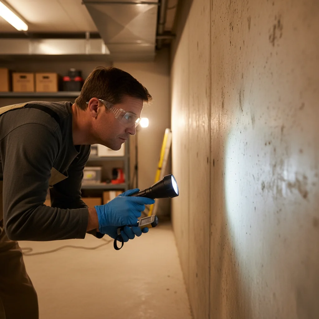 Homeowner inspecting a foundation wall for cracks and dampness, emphasizing preventative structural maintenance.