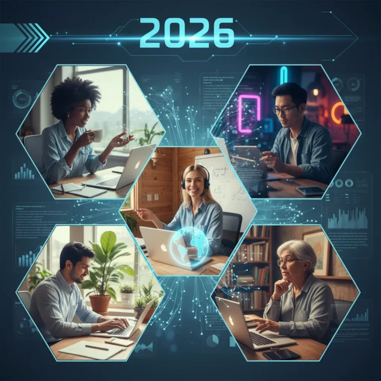 Professionals collaborating remotely, symbolizing future remote work policies in 2026