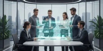 Diverse professionals analyzing future workforce trends on a holographic display in a modern office.