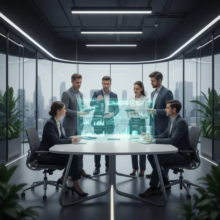 Diverse professionals analyzing future workforce trends on a holographic display in a modern office.