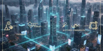 Futuristic city with data flow representing AI ethics and regulation