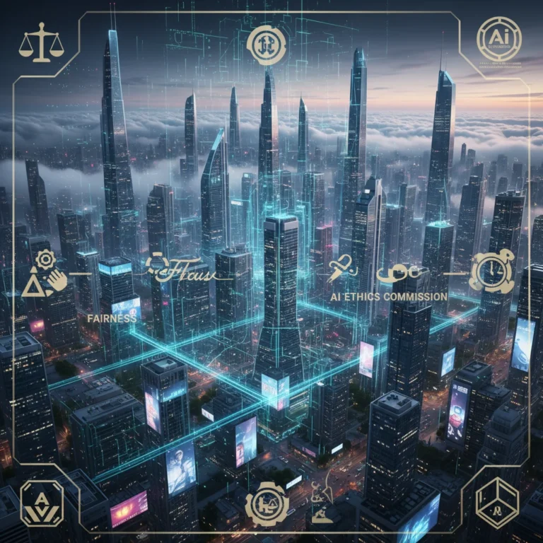 Futuristic city with data flow representing AI ethics and regulation