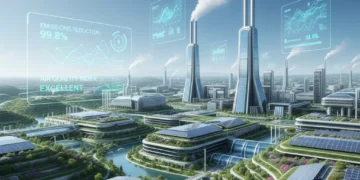 Futuristic clean industrial complex with green energy sources reducing emissions.