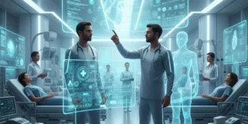 Futuristic hospital with AI-powered diagnostic tools and medical professionals