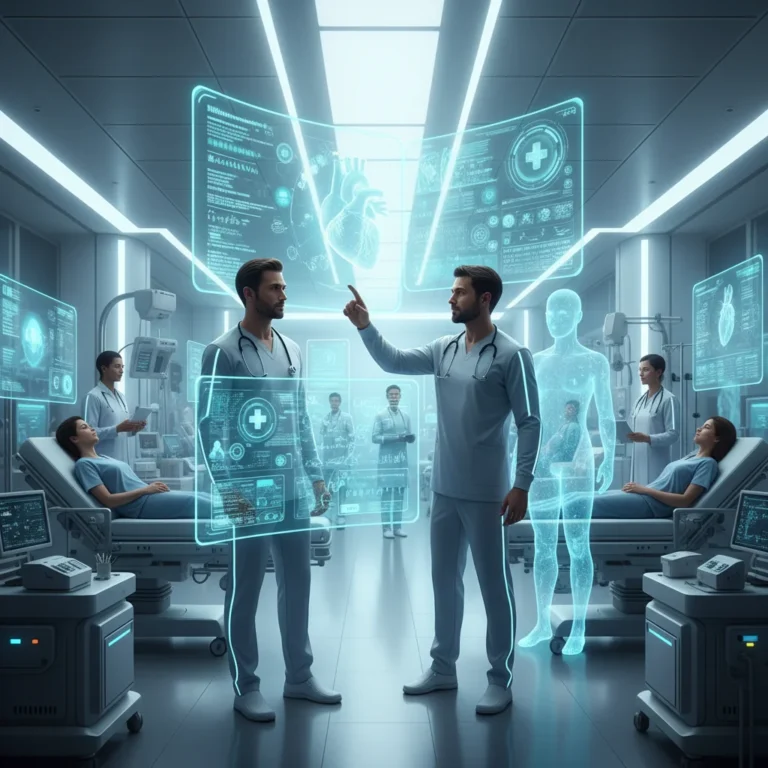 Futuristic hospital with AI-powered diagnostic tools and medical professionals