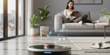 Futuristic robotic vacuum cleaning a modern living room floor