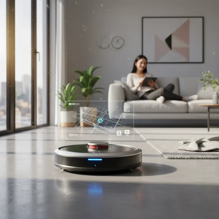 Futuristic robotic vacuum cleaning a modern living room floor