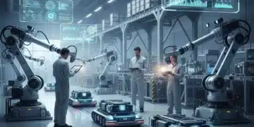 Robotics Innovations: Boosting US Manufacturing Efficiency by 15% by 2026 Advanced robots and human workers collaborating in a modern US manufacturing facility, symbolizing efficiency gains.
