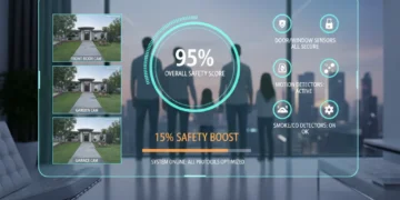 Futuristic smart home security dashboard showing enhanced safety features