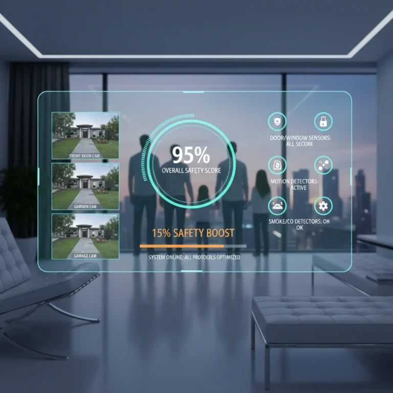 Futuristic smart home security dashboard showing enhanced safety features