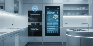 Futuristic smart kitchen with integrated appliances and touch screens
