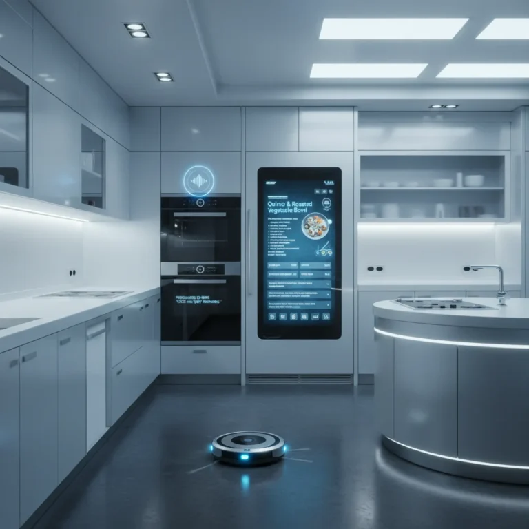 Futuristic smart kitchen with integrated appliances and touch screens