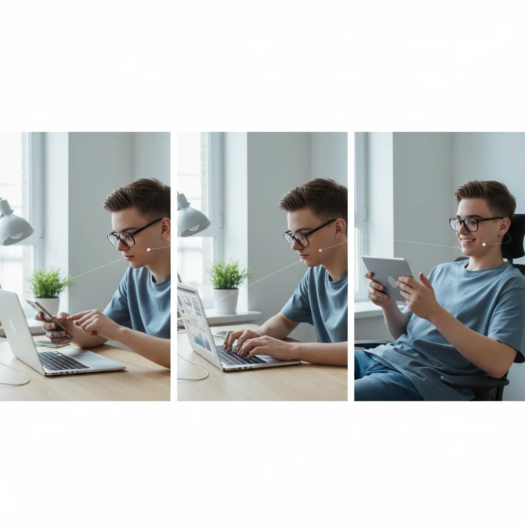 Gen Z seamlessly switching between multiple digital devices in a modern workspace.