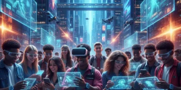 Diverse Gen Z engaging with futuristic tech devices in a vibrant, connected environment.