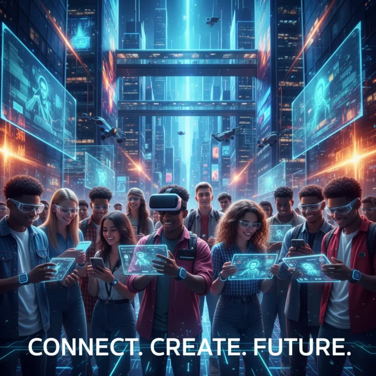 Diverse Gen Z engaging with futuristic tech devices in a vibrant, connected environment.