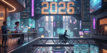 Diverse gig workers thriving in a futuristic cityscape, representing 2026 gig economy trends.