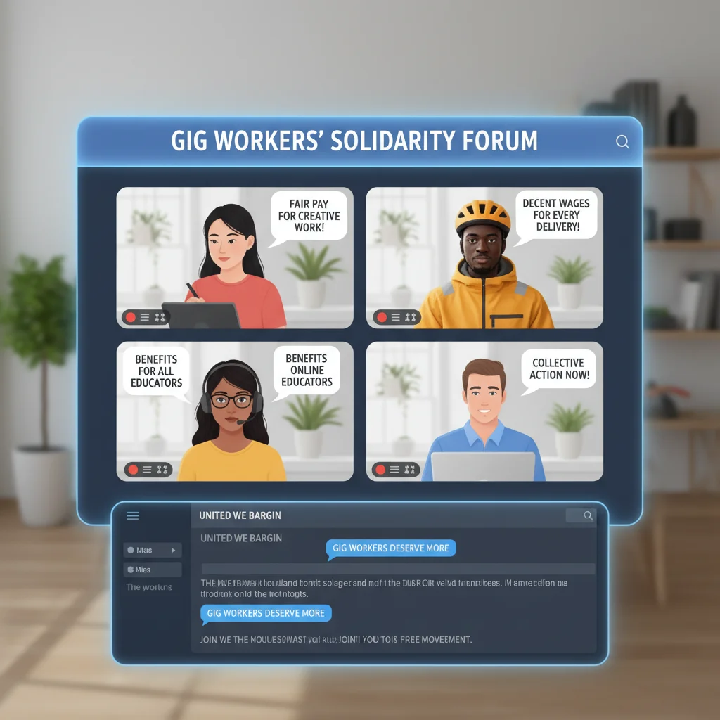 Diverse gig workers in a virtual meeting discussing fair pay and benefits, symbolizing worker empowerment.