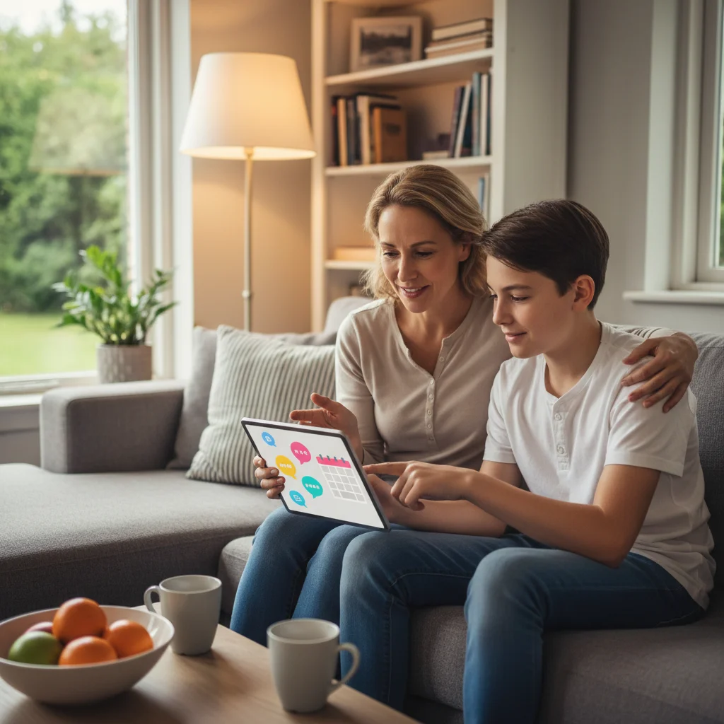 Parent and teenager engaging in a positive discussion about digital use, fostering healthy communication about social media.