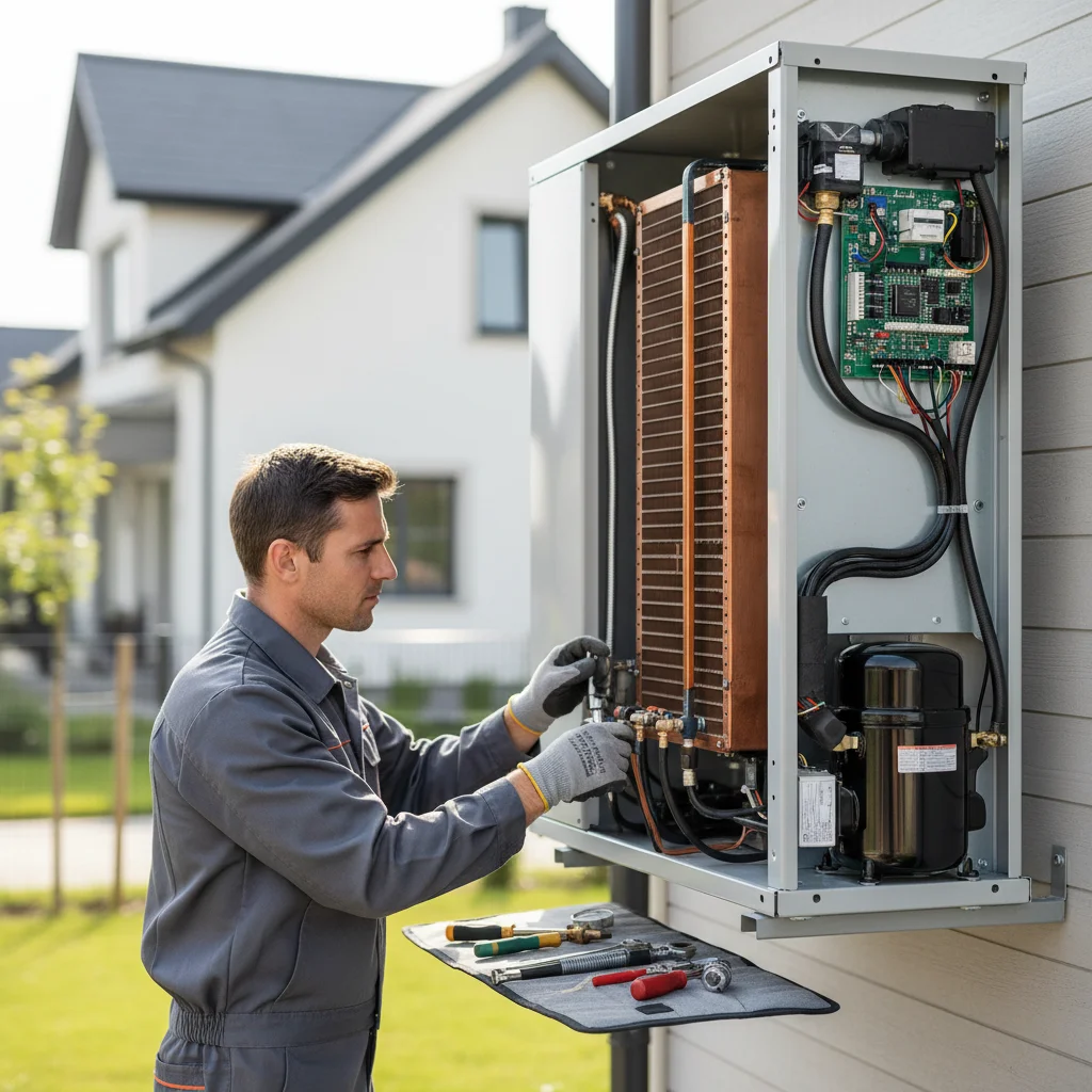 Professional installation of a high-efficiency heat pump system for home energy savings.