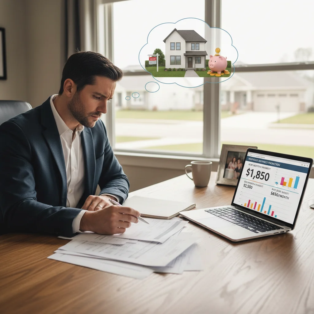 Homeowner calculating refinance savings, financial review