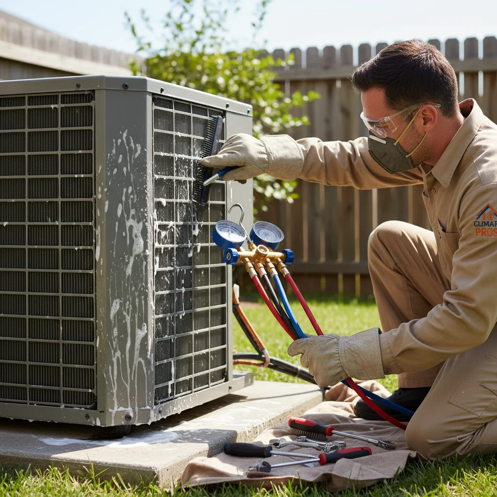 HVAC technician servicing outdoor air conditioning unit for summer