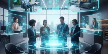 Professionals collaborating using advanced hybrid work technology