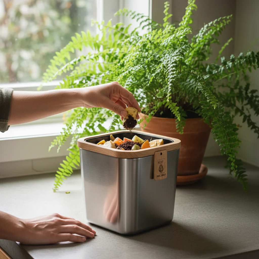 Person sorting food scraps into an indoor compost bin for waste reduction