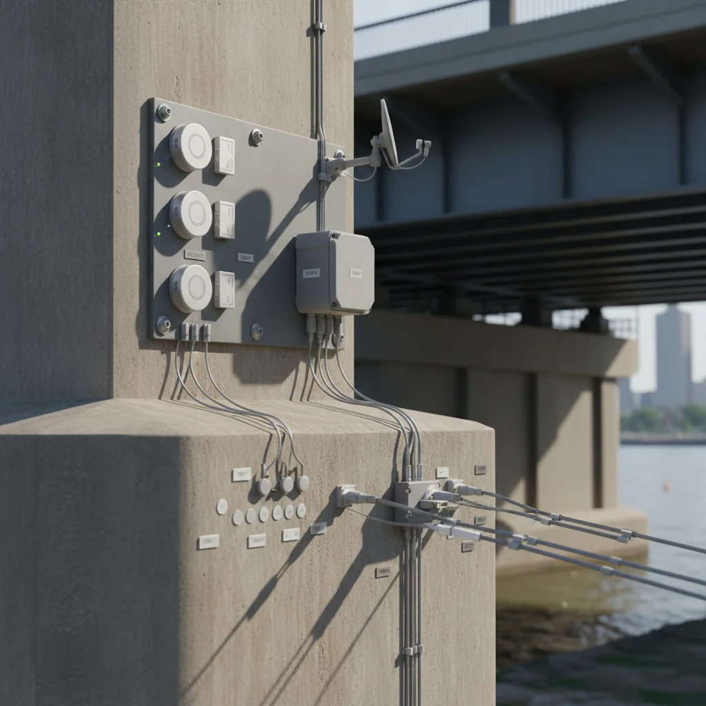 Close-up of IoT sensors monitoring a bridge structure, highlighting data collection on physical infrastructure.