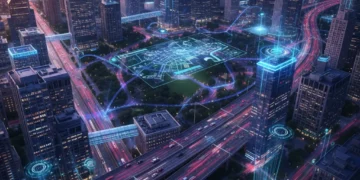 Modern cityscape with intelligent streetlights and digital overlays symbolizing IoT smart infrastructure in the US.