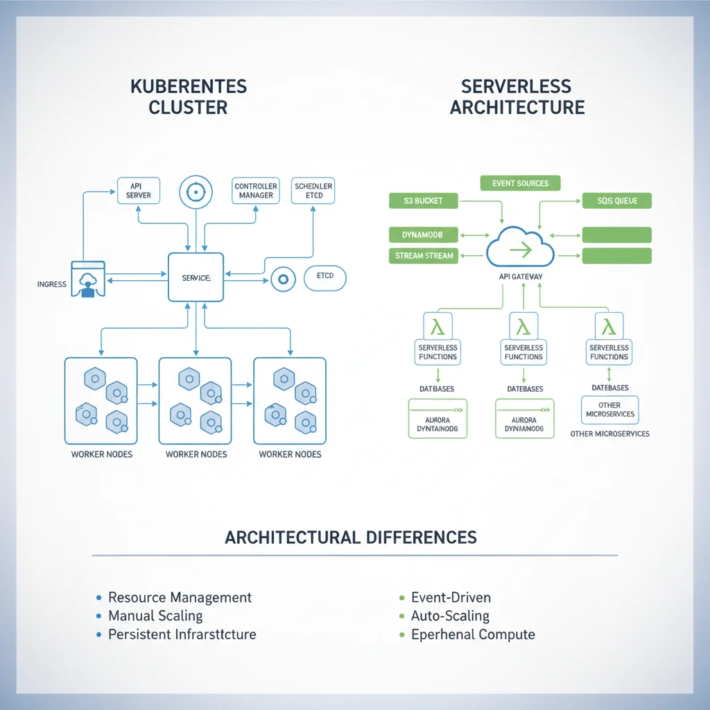 Network diagram illustrating the architectural components and data flow within a Kubernetes cluster compared to a serverless function-based system.